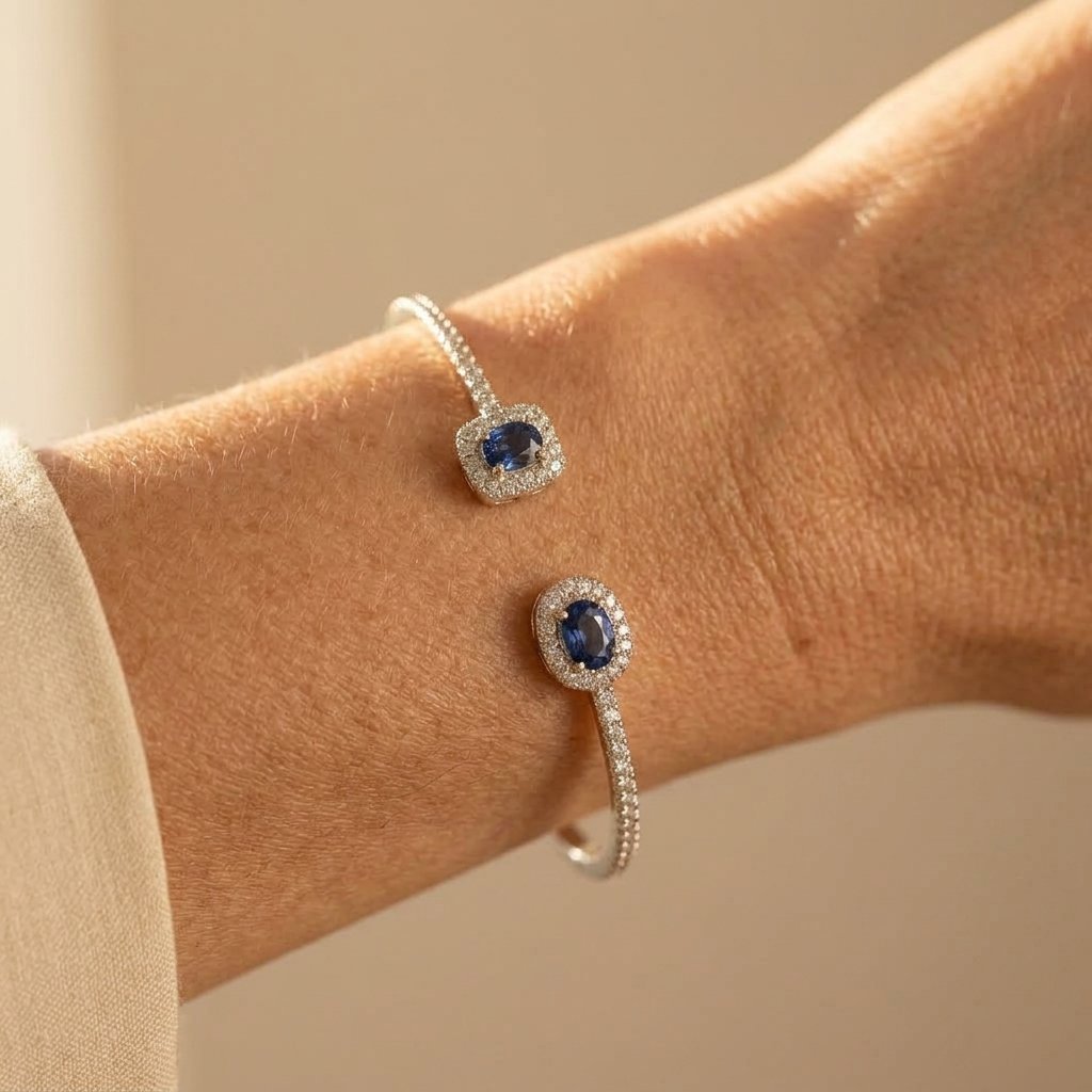 Silver Sapphire Cushion Halo Bracelet