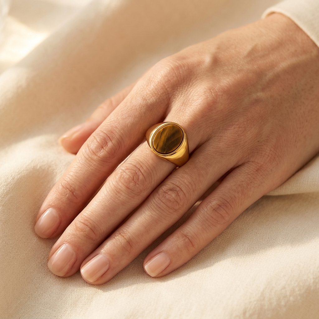 Gold Oval Tiger's Eye Stone Signet Ring
