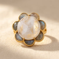 Gold Labradorite Oval Flower Ring
