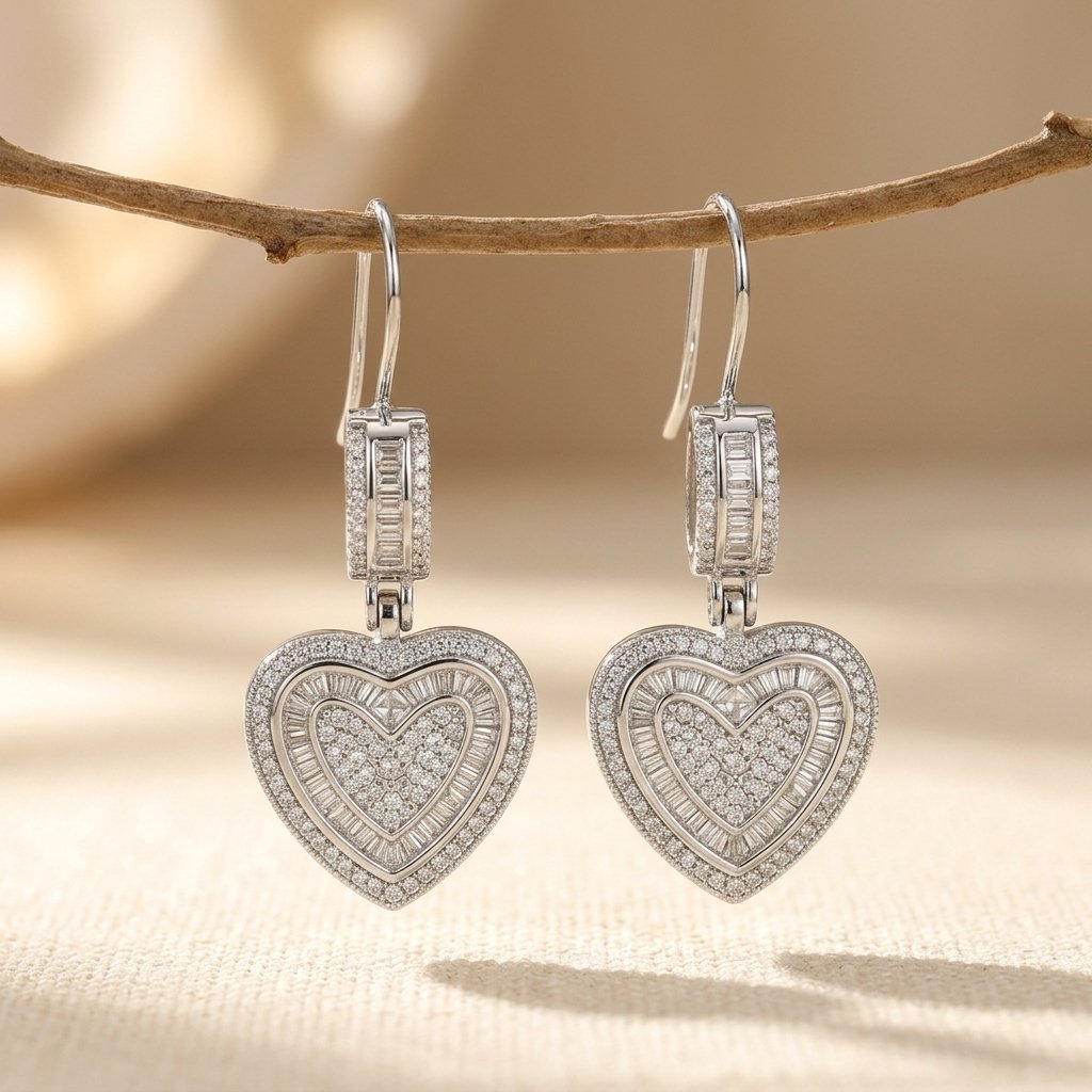 Silver Cubic Zirconia Double Heart Earrings