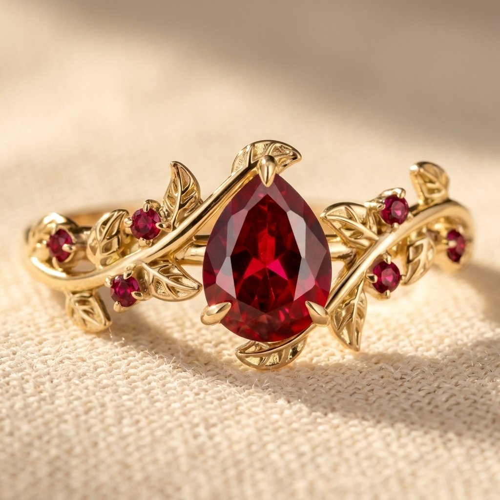 Gold Filigree Ruby Pear Ring