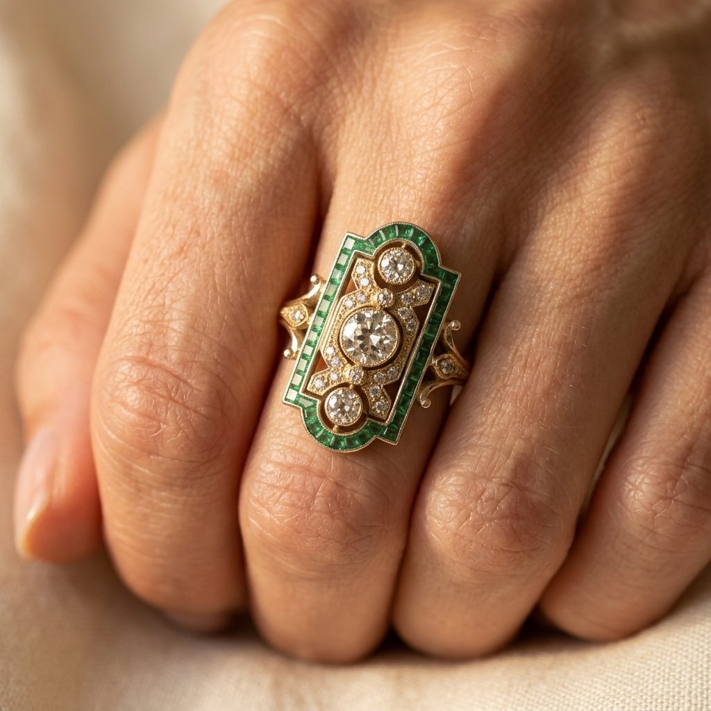 Art Deco Gold Diamond Emerald Ring