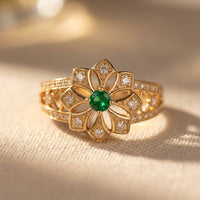 Gold Filigree Green Emerald Flower Ring