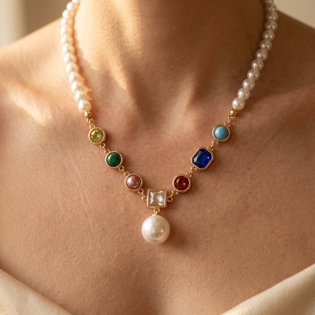 Gold Pearl Multistone Pendant Necklace