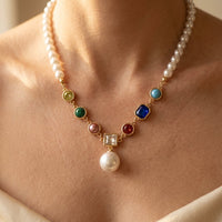 Gold Pearl Multistone Pendant Necklace