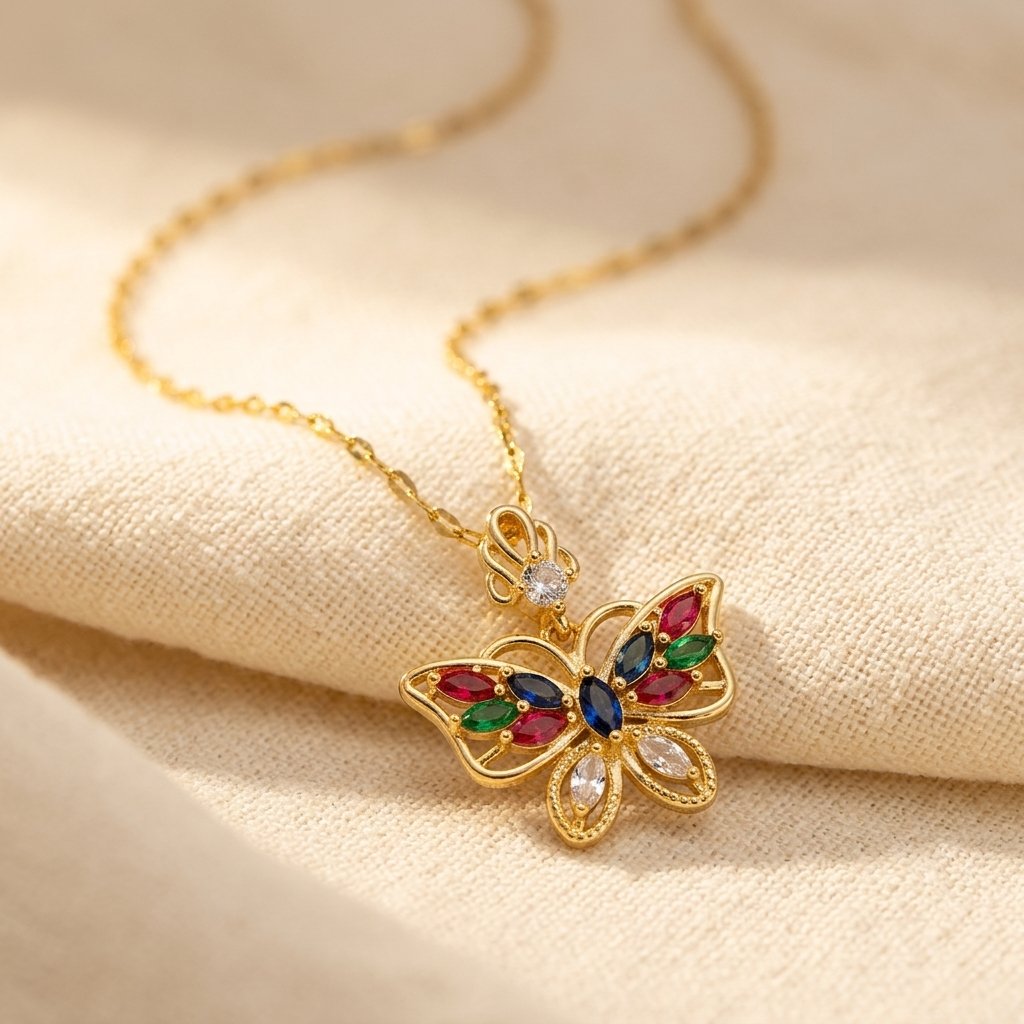 Gold Multicolor Gemstone Butterfly Necklace