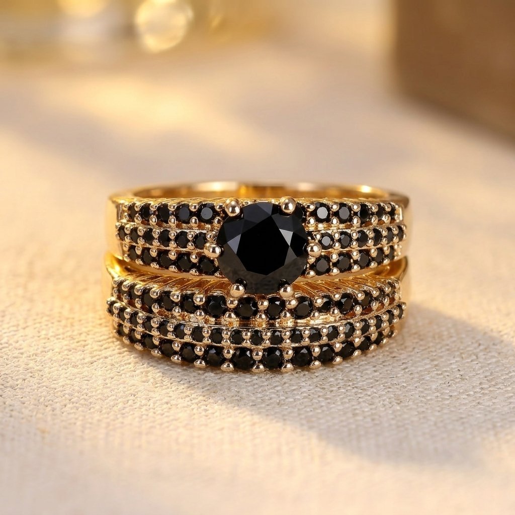 Gold Black Cubic Zirconia Claw Ring Set