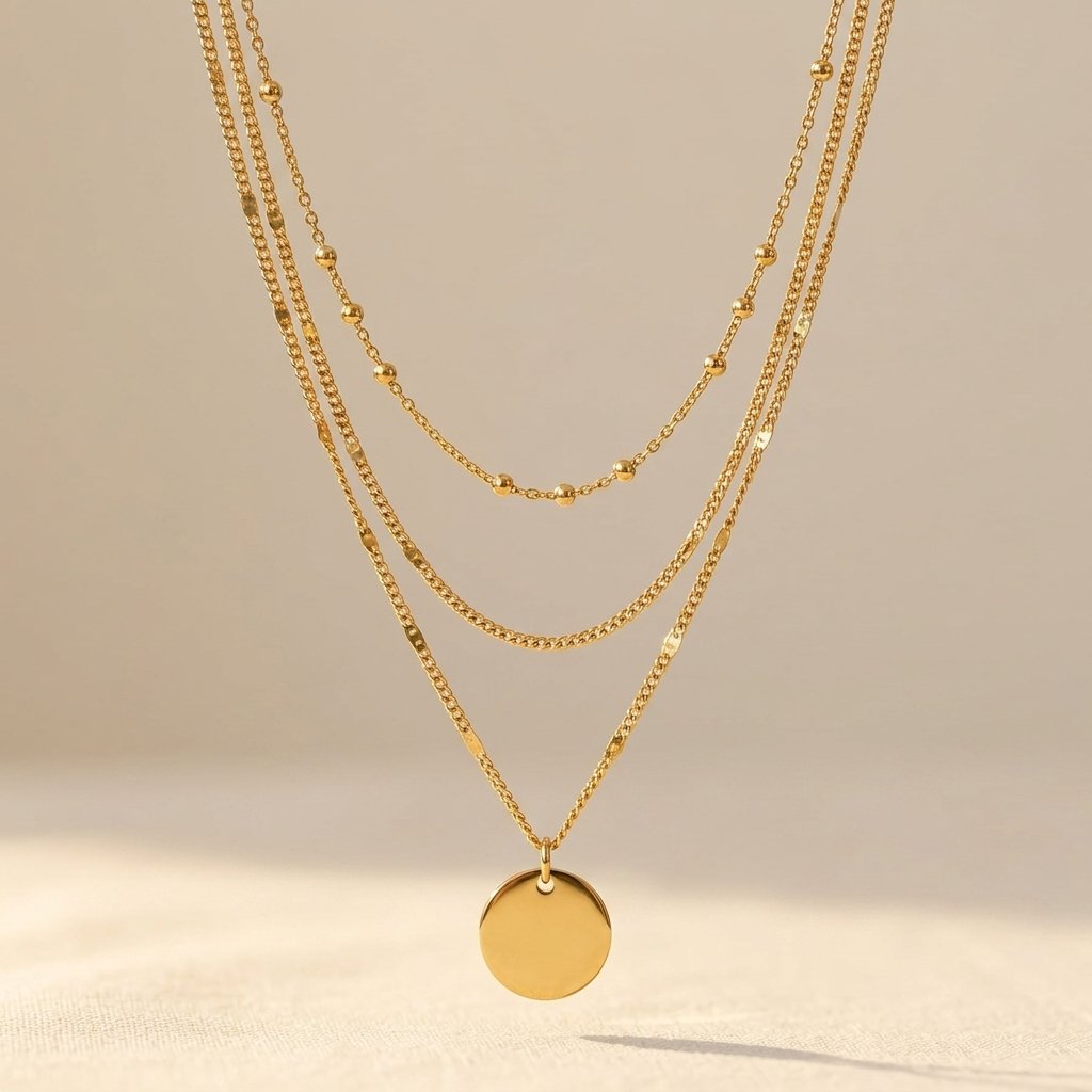 Gold Round Pendant Layered Chain Necklace