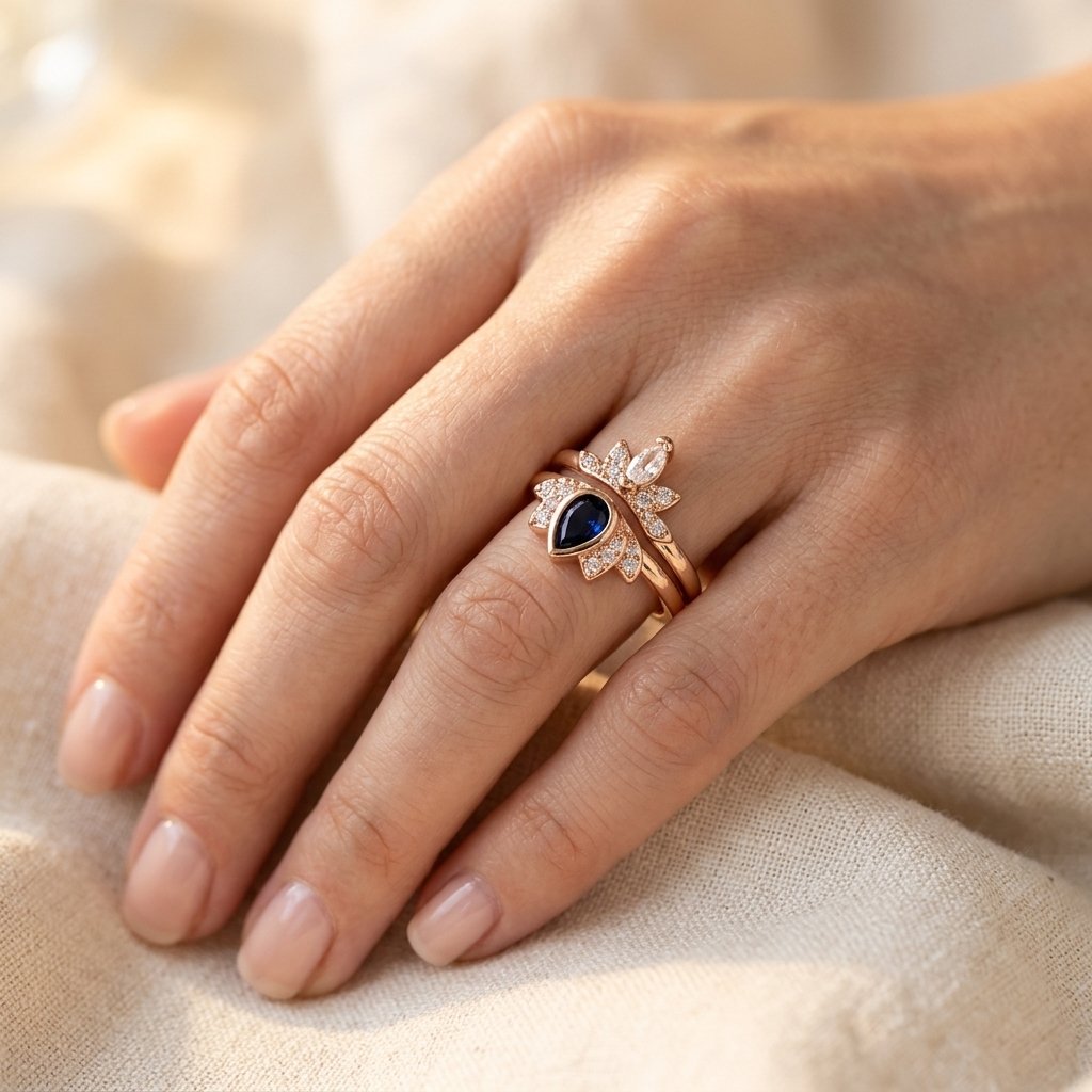 Vintage Gold Blue Sapphire Lotus Ring Set
