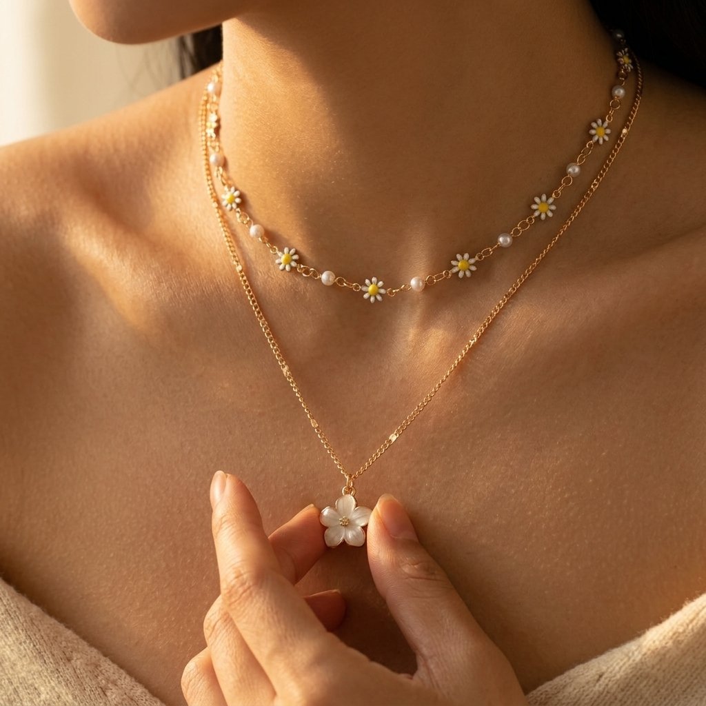 Boho Gold Layered Daisy Flower Necklace