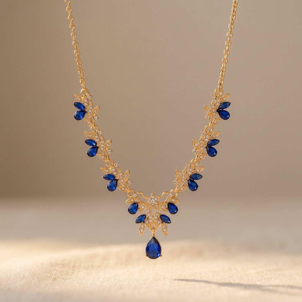 Gold Sapphire Filigree Leaf Necklace