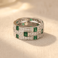 Emerald Green Silver Diamond Band Ring
