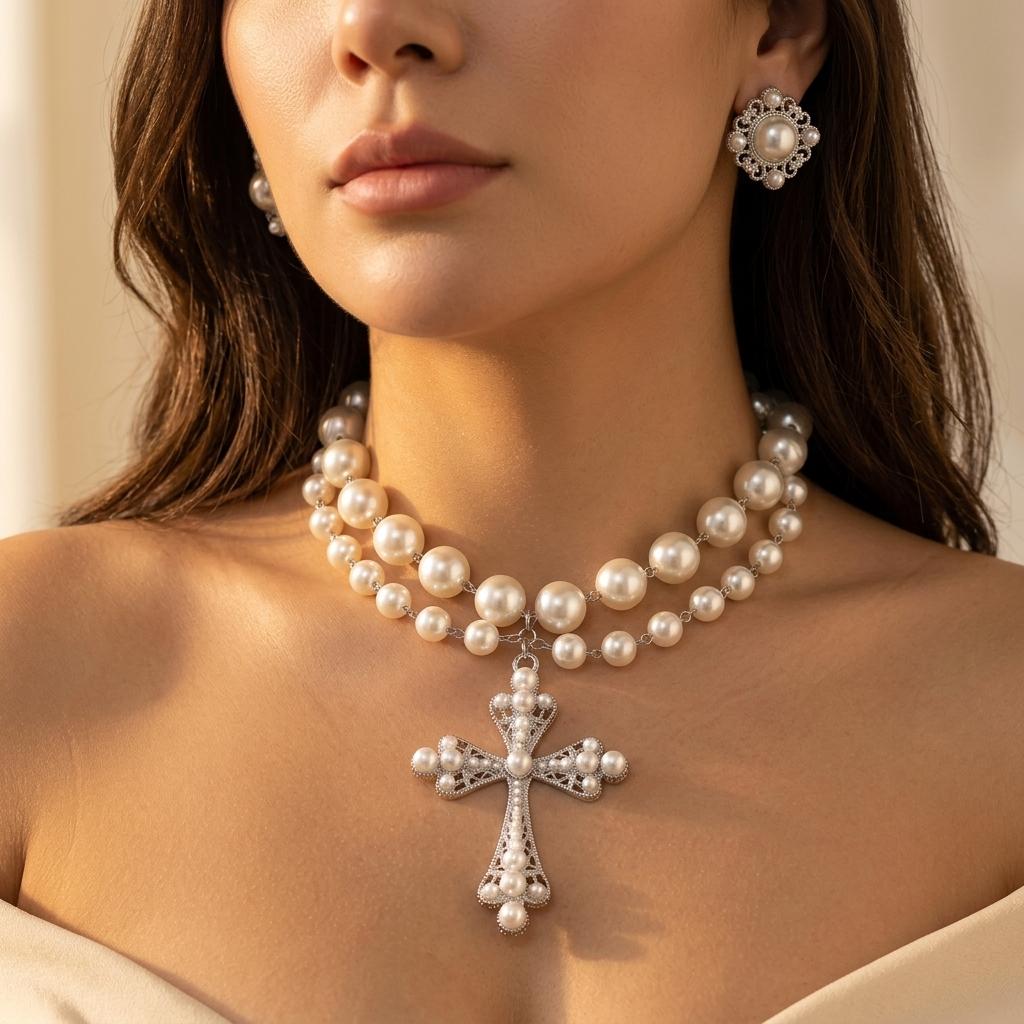 Pearl Inlaid Layered Necklace Jewelry Set