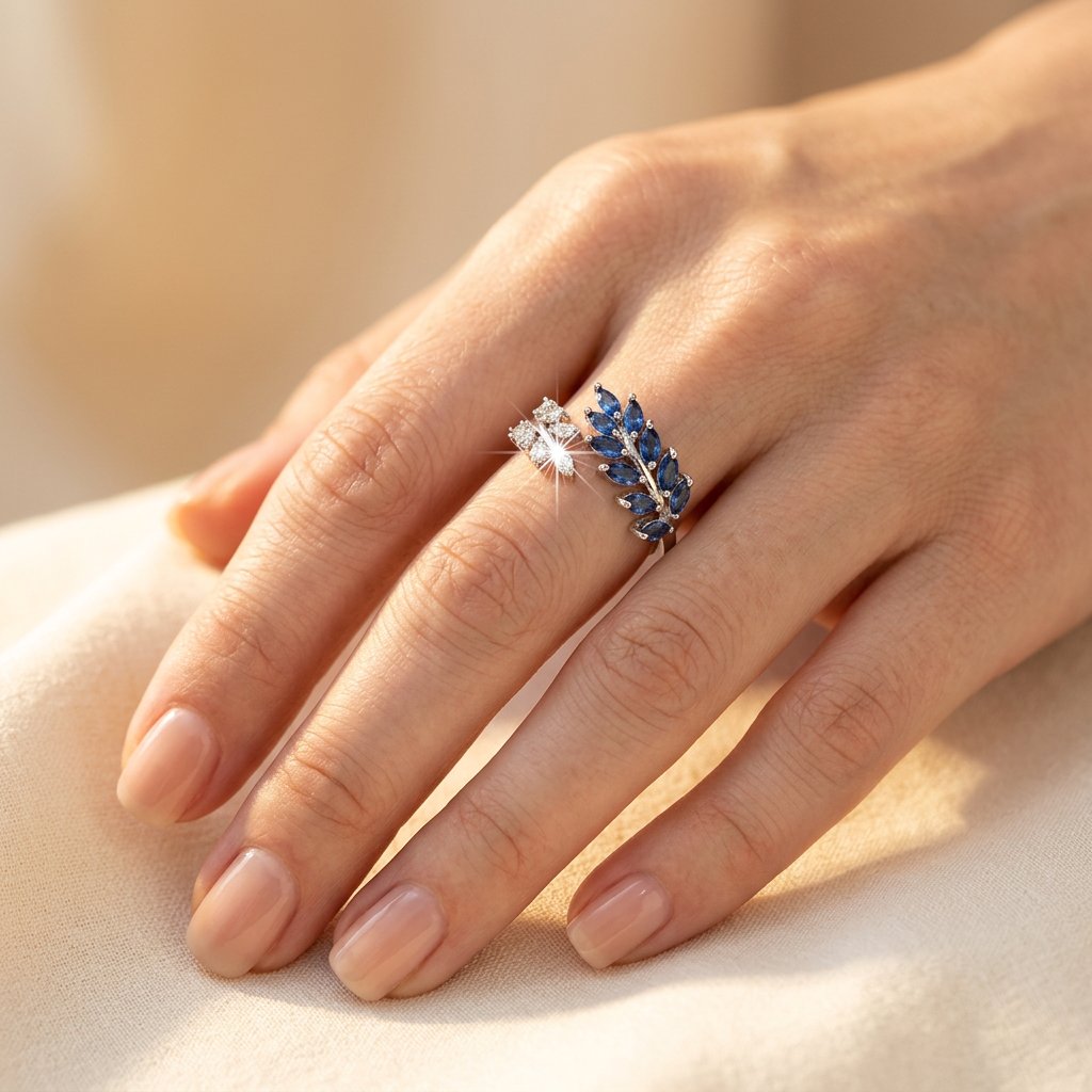 Silver Blue Sapphire Leaf Ring