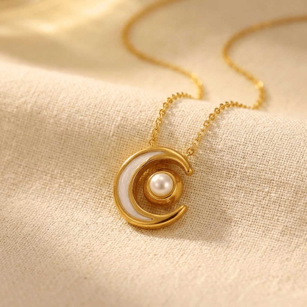 Gold Moon Pearl Crescent Pendant Necklace