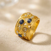 Vintage Gold Sapphire Blue Openwork Band Ring