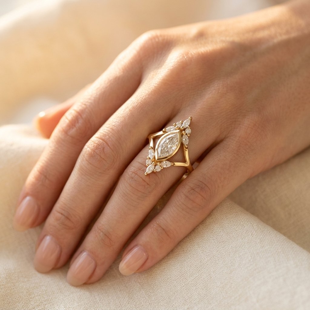 Gold Marquise Diamond Halo Ring