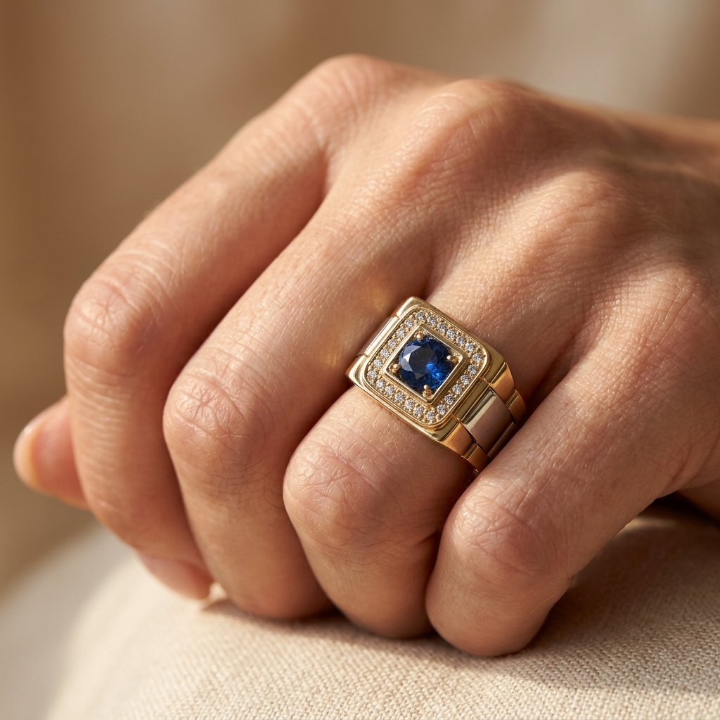 Gold Sapphire Diamond Square Ring