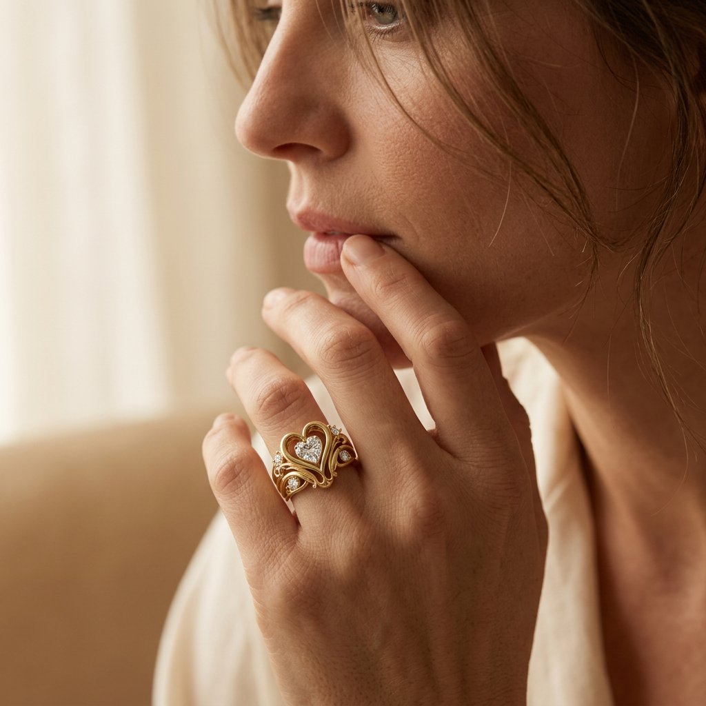 Gold Heart Filigree Diamond Ring