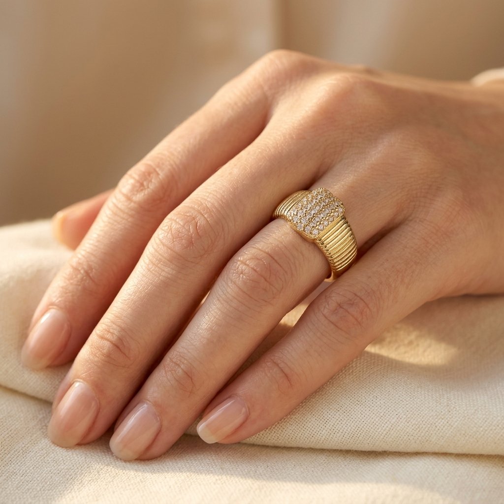 Ribbed Gold Pavé Diamond Signet Ring
