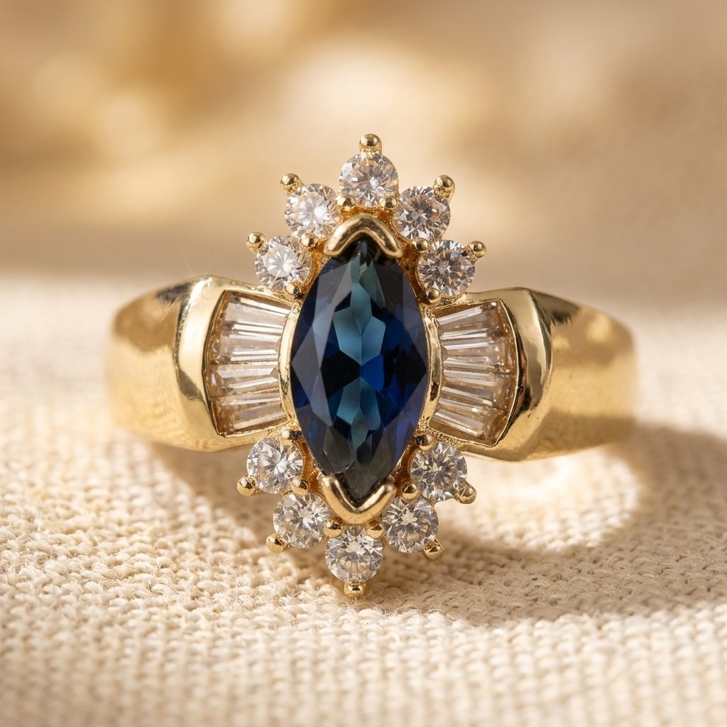 Gold Sapphire Marquise Halo Ring