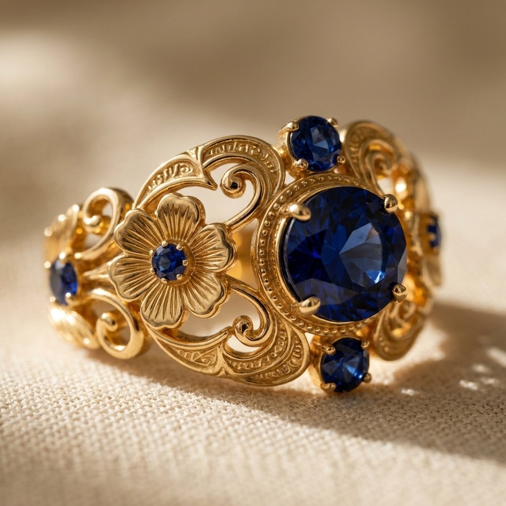 Vintage Gold Filigree Blue Sapphire Ring
