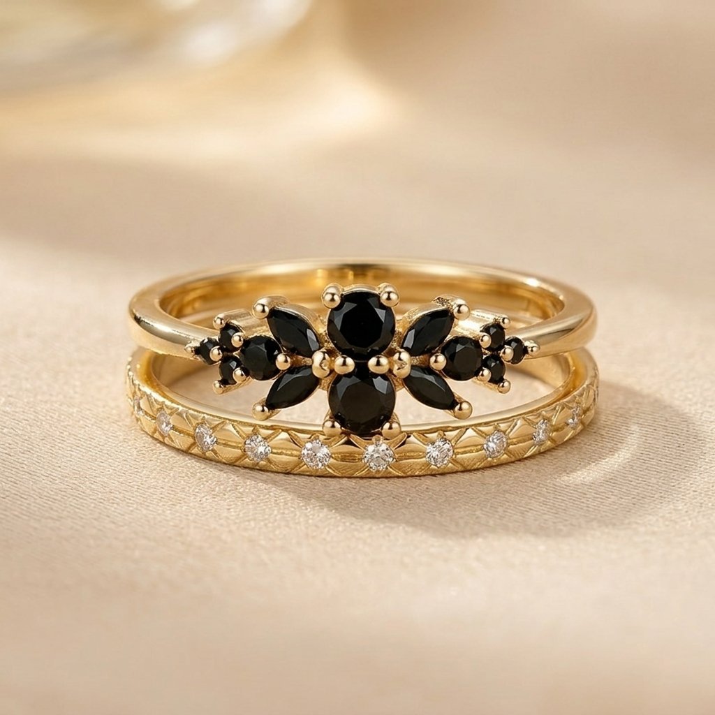 Gold Black Flower Petal Stackable Ring Set