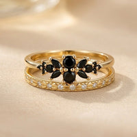 Gold Black Flower Petal Stackable Ring Set