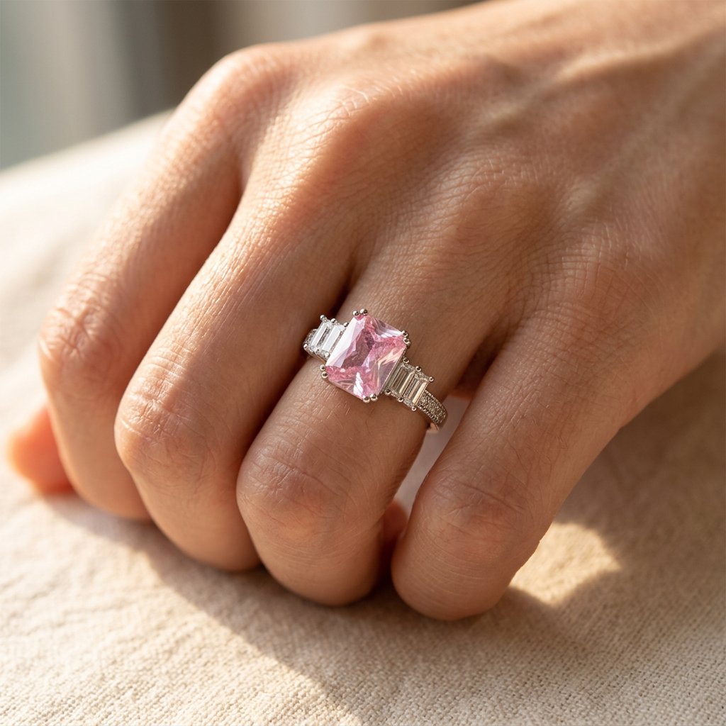 Pink Cushion Silver Baguette Engagement Ring