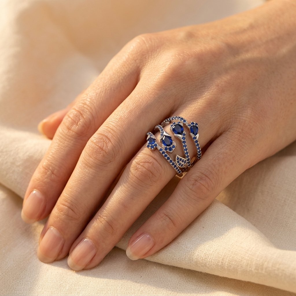 Silver Blue Sapphire Oval Wrap Ring