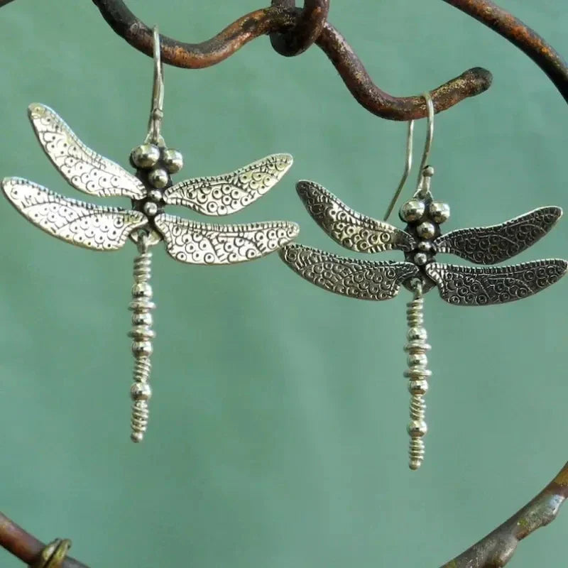 Silver Vintage Dragonfly Carved Pattern Retro Earrings
