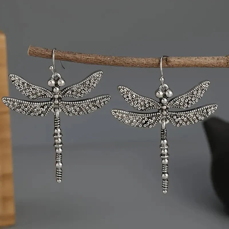 Silver Vintage Dragonfly Carved Pattern Retro Earrings