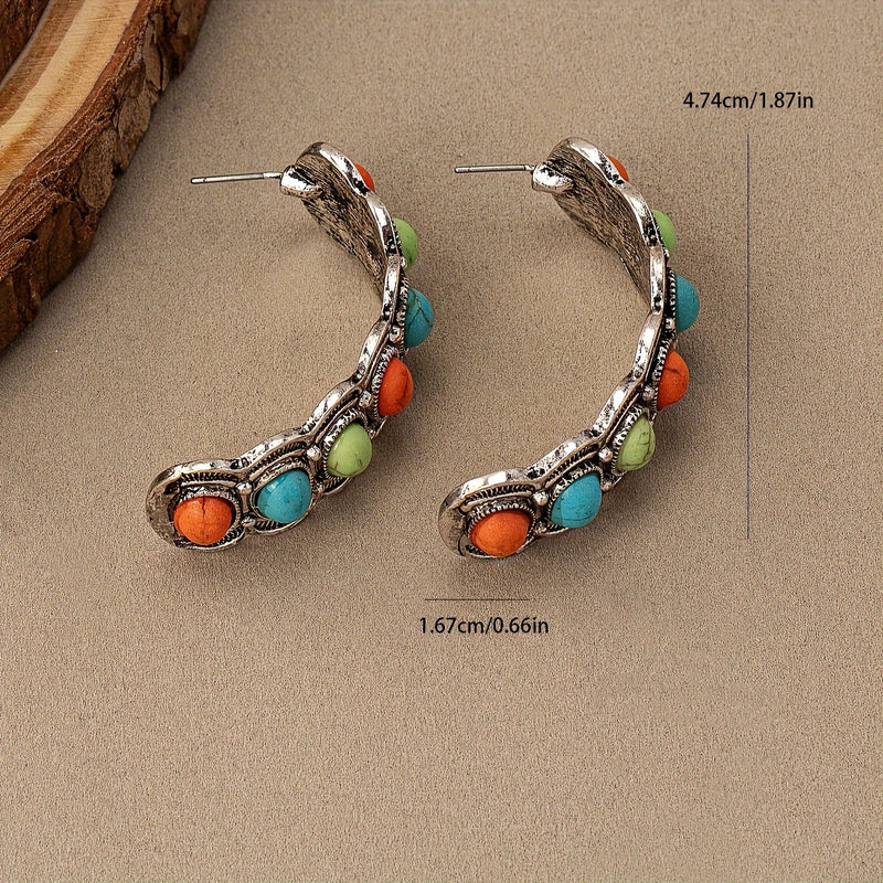 Southwestern Turquoise Silver Hoop Earrings