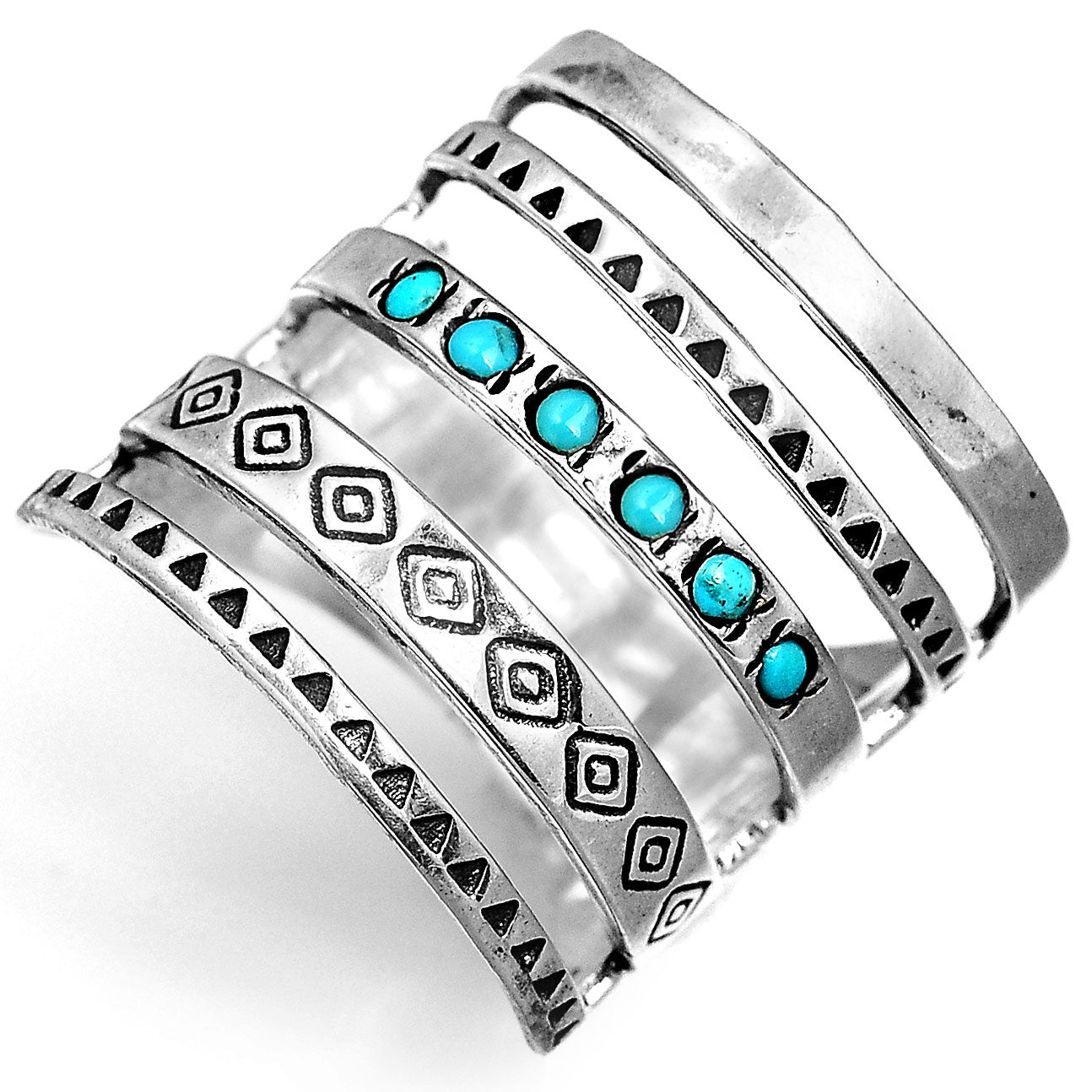 Bohemian Aztec Style Turquoise Wide Band Silver Ring