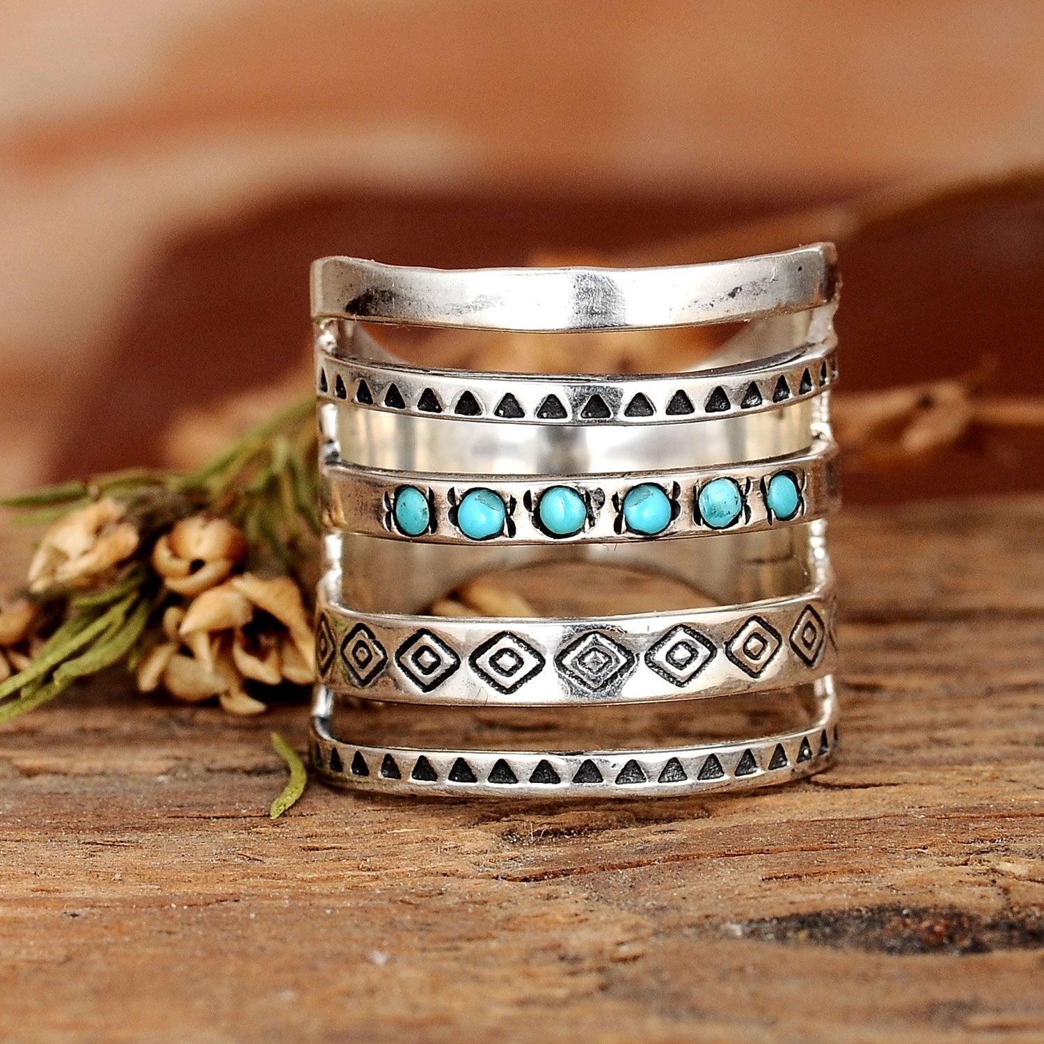 Bohemian Aztec Style Turquoise Wide Band Silver Ring