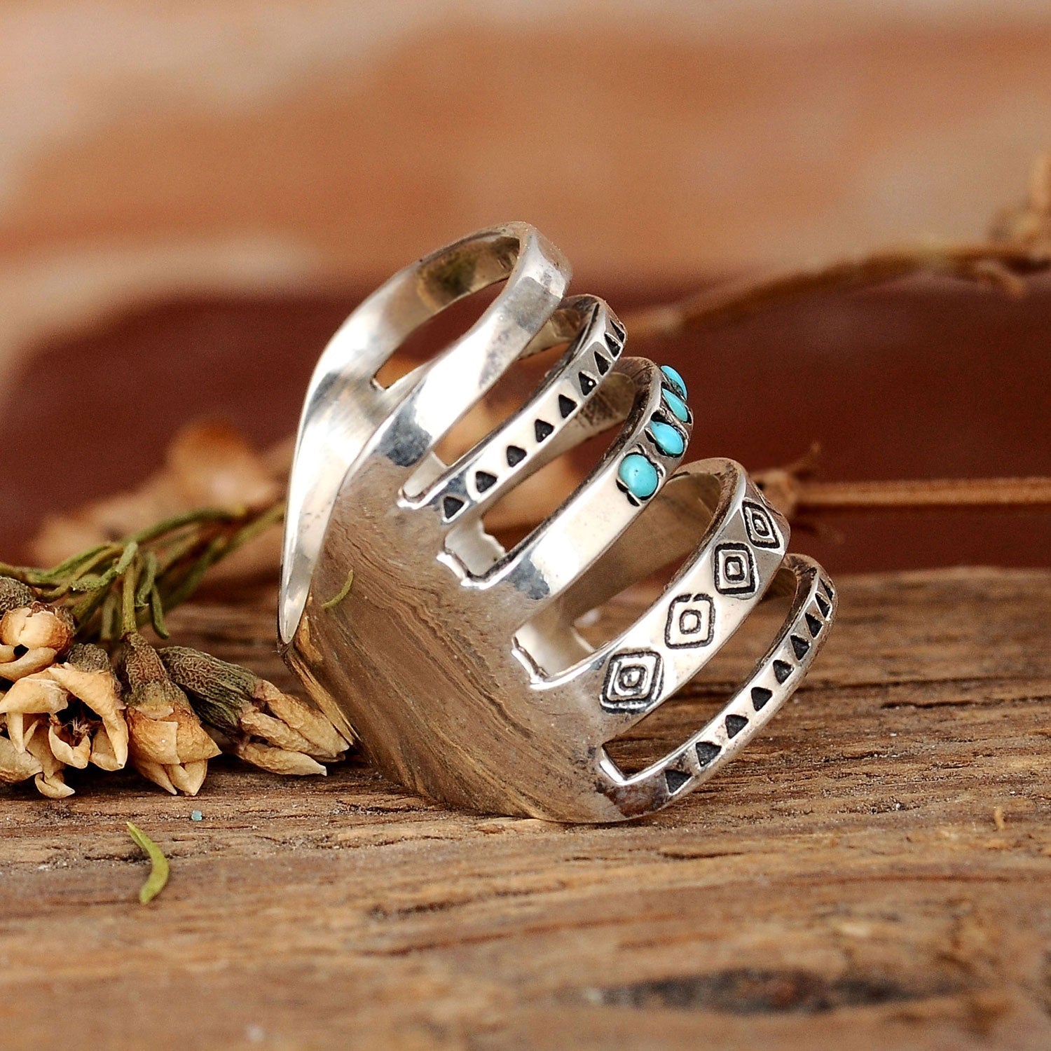 Bohemian Aztec Style Turquoise Wide Band Silver Ring