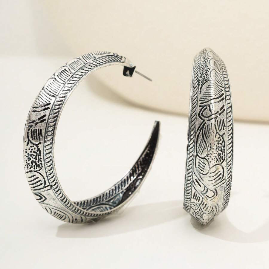 Vintage Bohemian Carved Geometric Hoop Earrings