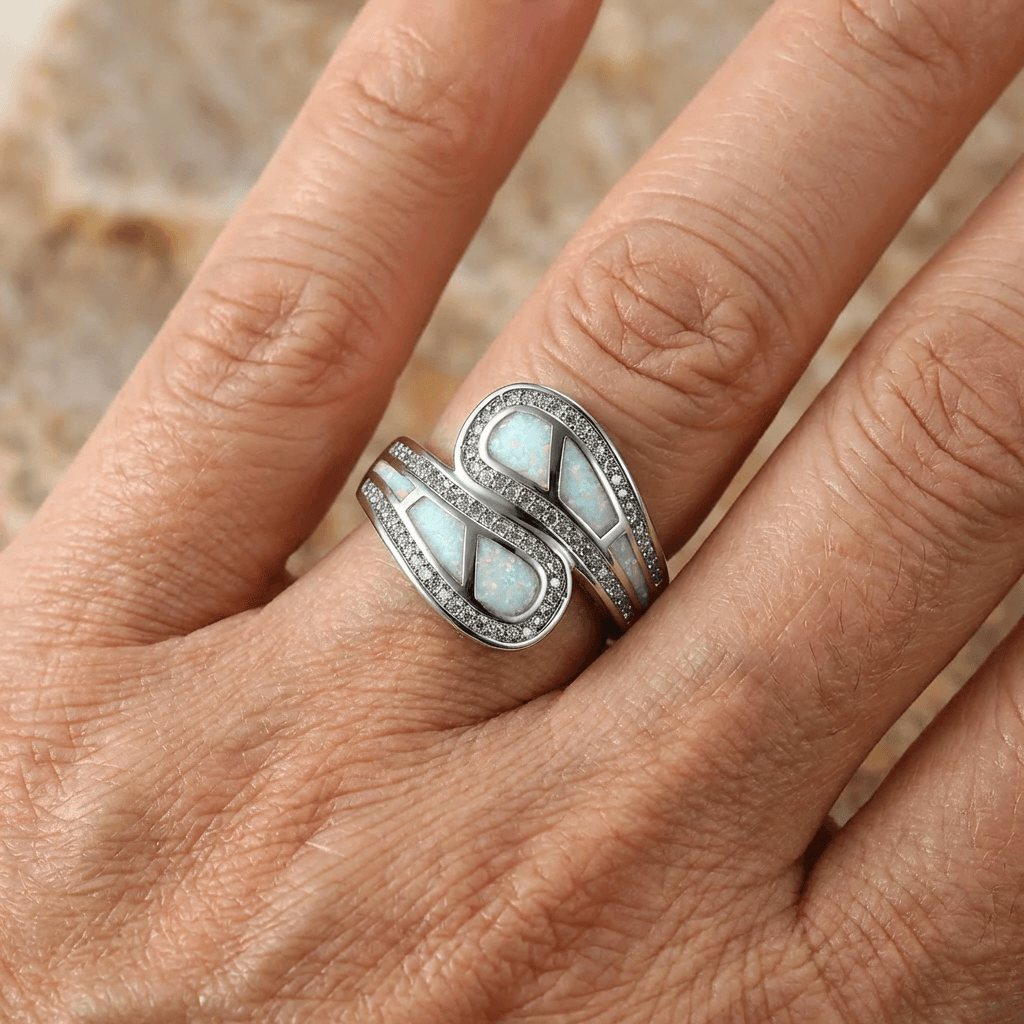 Vintage Bohemian White Opal Stone Silver Plated Ring