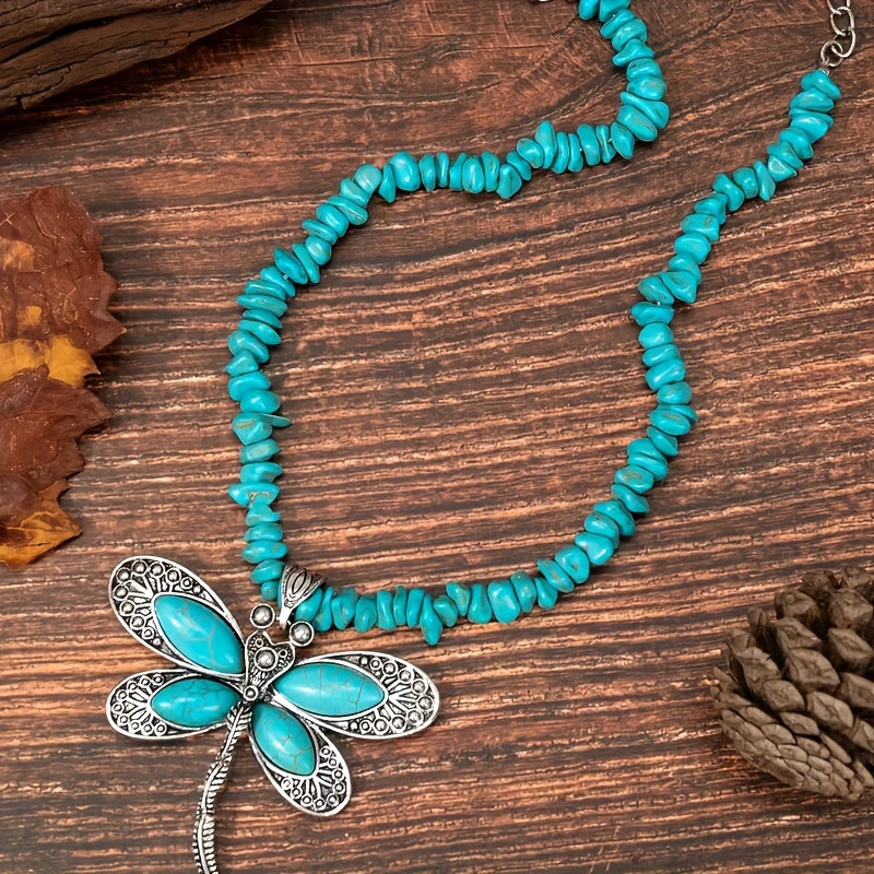 Vintage Boho Turquoise Beaded Dragonfly Pendant Necklace