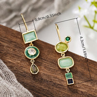 Vintage Geometric Green Stone Gold Drop Earrings