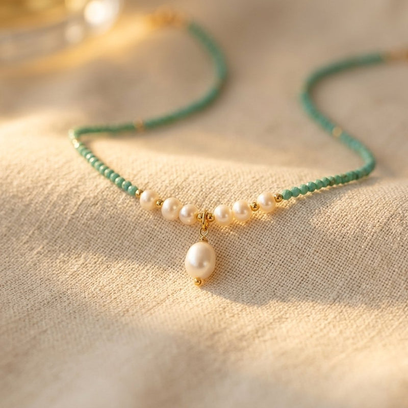 Vintage Gold Aventurine Pearl Drop Necklace