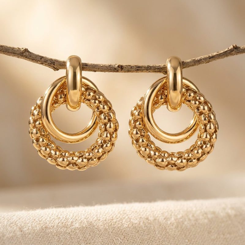 Vintage Gold Beaded Double Hoop Earrings