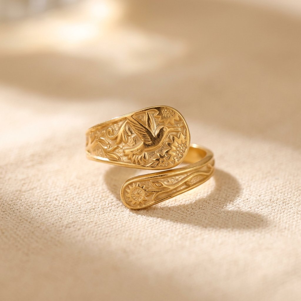 Vintage Gold Engraved Hummingbird Wrap Ring