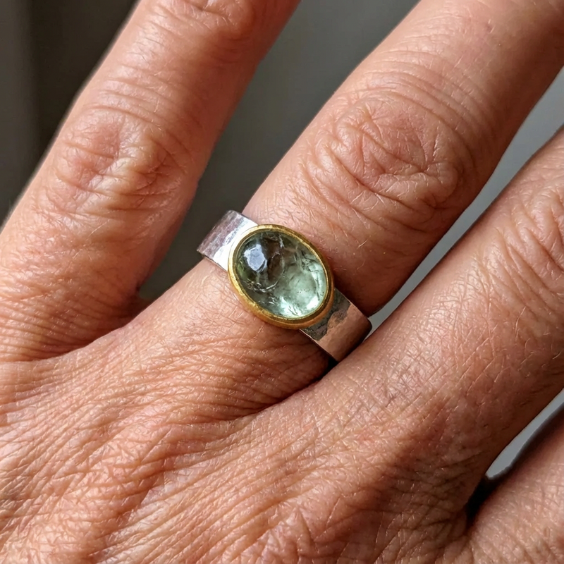 Vintage Green Tourmaline Sterling Silver & Gold Bezel Ring