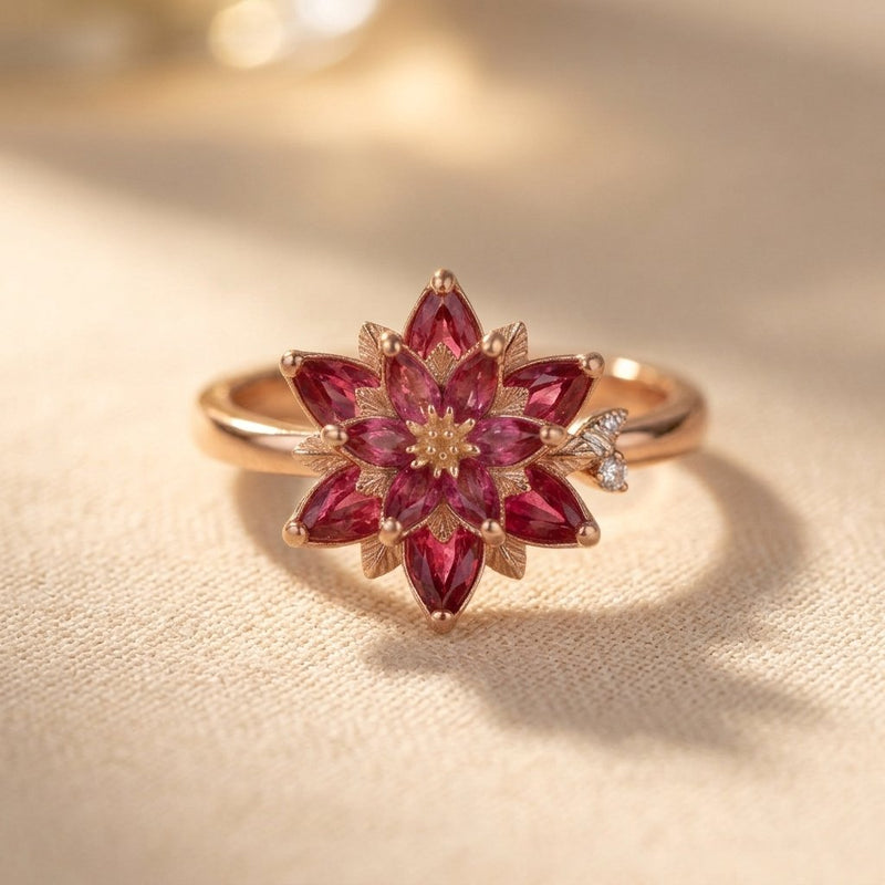 Vintage Handmade Red Cubic Zirconia Lotus Flower Ring