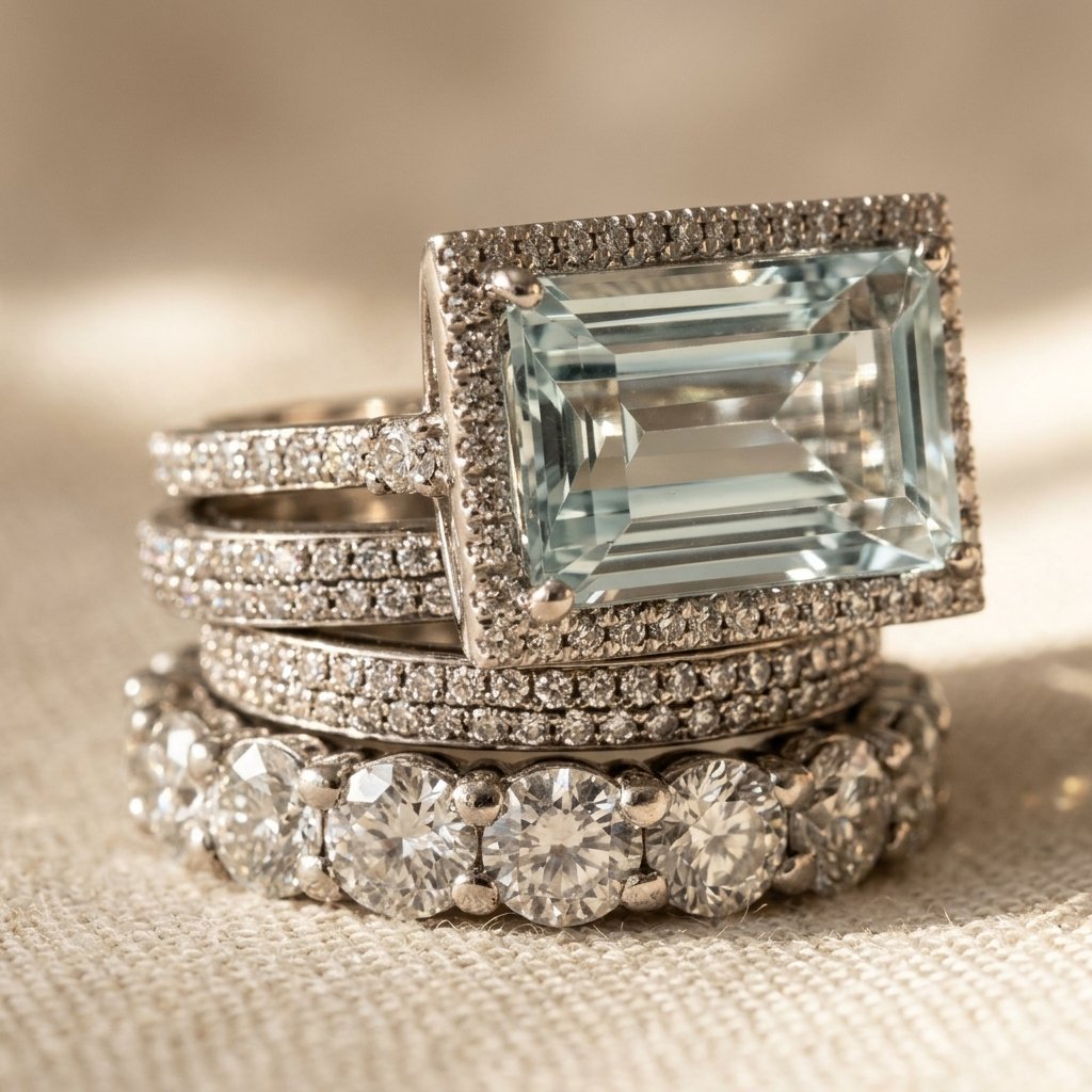 Vintage Silver Emerald Cut Aquamarine Ring Set