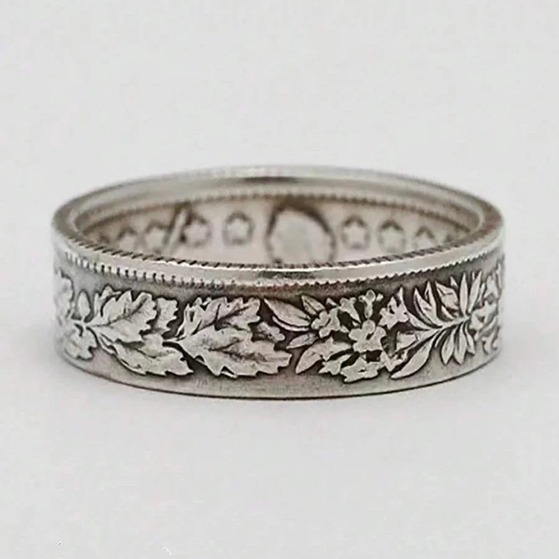 Vintage Silver Plated Snowflake & Coin Pattern Ring