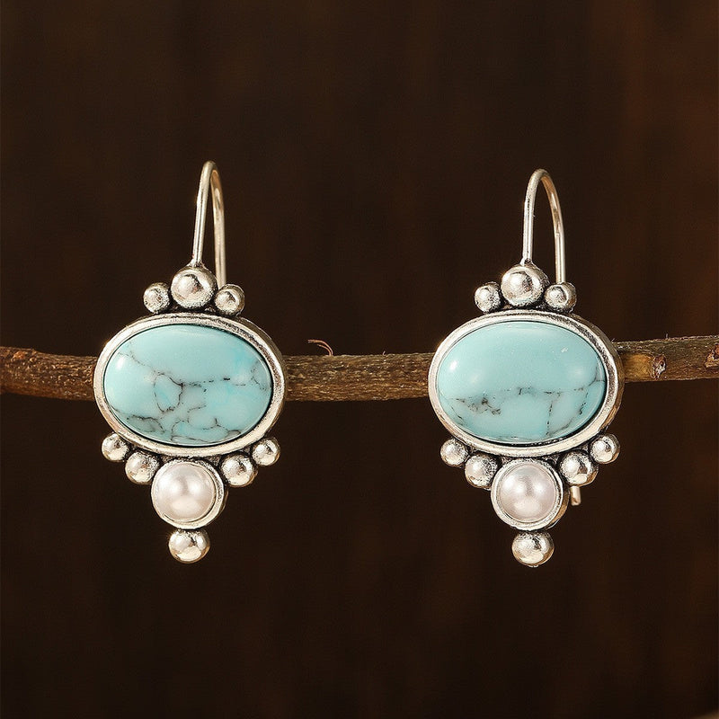 Vintage Silver Plated Turquoise & Pearl Drop Earrings