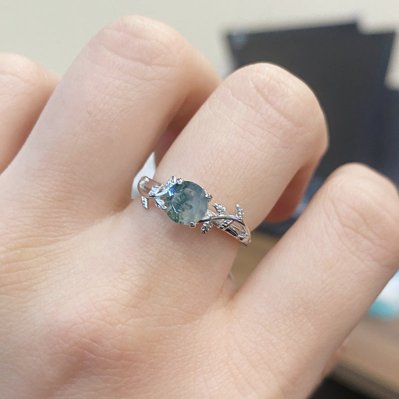 Vintage Silver Round Water Grass Moss Agate Leaf Ring