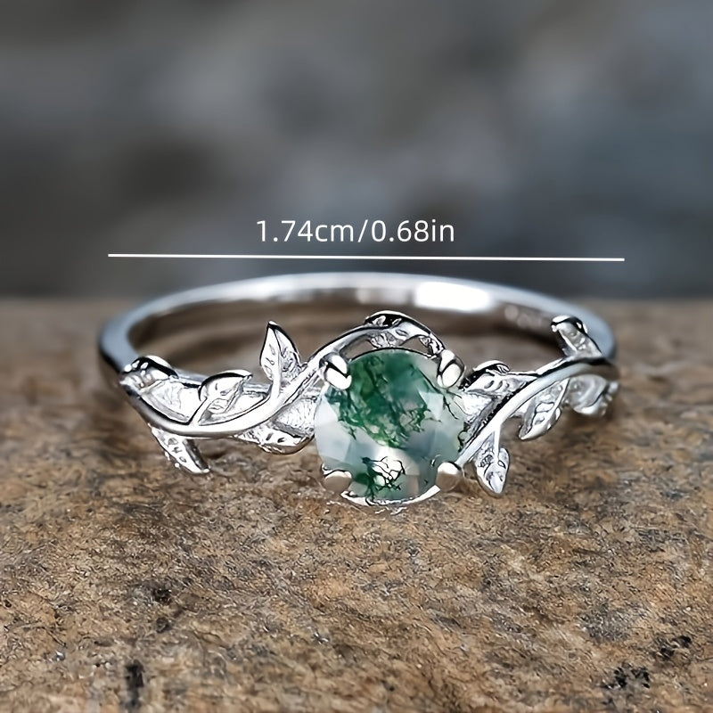 Vintage Silver Round Water Grass Moss Agate Leaf Ring